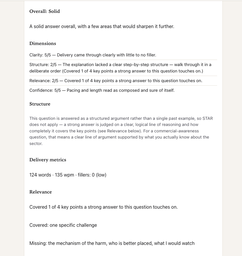 Written feedback on a recorded interview answer, scored across clarity, structure, relevance and confidence.