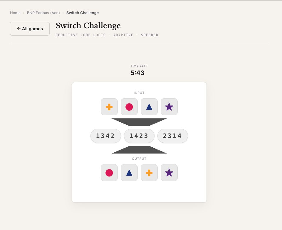 Switch Challenge, a deductive code-logic game, running against a timer.